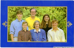 ["The 1991 Rockefeller family holiday card reads, \"Our best wishes for a joyful holiday season.\" Pictured are Jay, Sharon, Valerie, John, Justin, and Charles Rockefeller. On the back is an unofficial seal of the United States Senate."]%