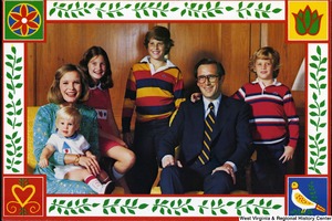 ["The 1980 Rockefeller family holiday card reads, \"Joy and peace.\" Pictured are Jay, Sharon, Valerie, Jamie (John), Justin, and Charles Rockefeller."]%