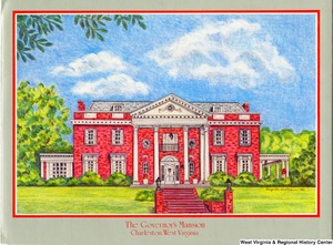 ["The 1982 Rockefeller family holiday card reads, \"A very merry Christmas and a wonderful new year from all of us to you!\" Pictured are Jay, Sharon, Valerie, Jamie (John), Justin, and Charles Rockefeller. The front features a drawing of the governor's mansion in Charleston, West Virginia, illustrated by Gaynelle W. Sloman."]%