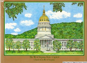["The 1983 Rockefeller family holiday card reads, \"A bright and beautiful Christmas and a new year filled with joy from the Rockefeller's to you!\" Pictured are Jay, Sharon, Valerie, Jamie (John), Justin, and Charles Rockefeller. The front features a drawing of the West Virginia State Capitol in Charleston, West Virginia, illustrated by Gaynelle W. Sloman."]%