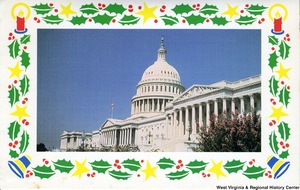 ["The 1985 Rockefeller family holiday card reads, \"Peace and joy.\" Pictured are Jay, Sharon, Valerie, Jamie (John), Charles, and Justin Rockefeller. The card, sent during Jay Rockefeller's first year in the U.S. Senate, features a photograph of the U.S. Capitol building."]%