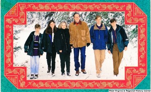 ["The 1994 Rockefeller family holiday card reads, \"Warmest greetings for the 1994 holiday season.\" Pictured are Jay, Sharon, Valerie, John, Charles, and Justin Rockefeller. On the back is an unofficial seal of the United States Senate."]%