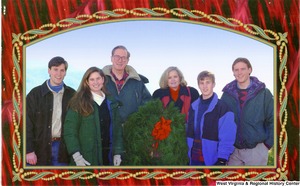 ["The 1995 Rockefeller family holiday card reads, \"Peace and joy.\" Pictured are Jay, Sharon, Valerie, John, Charles, and Justin Rockefeller. On the back is an unofficial seal of the United States Senate."]%
