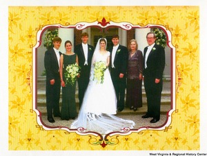 ["The 1996 Rockefeller family holiday card reads, \"We are delighted to share the highlight of our year, John's marriage to Emily, as our family comes together to wish you a joyful holiday season.\" Pictured are Jay, Sharon, Valerie, John, Emily, Charles, and Justin Rockefeller. Photograph by Tracey Attlee LLC."]%