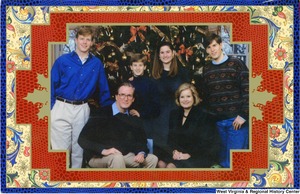 ["The 1993 Rockefeller family holiday card reads, \"Wishing you a world of peace and happiness.\" Pictured are Jay, Sharon, Valerie, John, Justin, and Charles Rockefeller. On the back is an unofficial seal of the United States Senate."]%