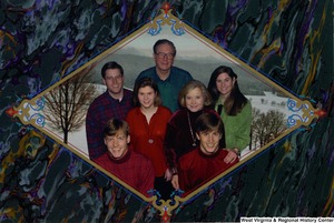 ["The 1998 Rockefeller family holiday card reads, \"Warmest holiday greetings from our family to yours.\" Pictured are Jay, Sharon, Valerie, John, Emily, Justin, and Charles Rockefeller. On the back is an unofficial seal of the United States Senate. Photograph by Tracey Attlee LLC."]%