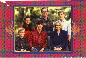 ["The 1989 Rockefeller family holiday card reads, \"Wishing you a joyous holiday season.\" Pictured are Jay, Sharon, Valerie, John, Charles, and Justin Rockefeller. On the back is an unofficial seal of the United States Senate."]%