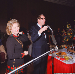 ["Senator John D. (Jay) Rockefeller, accompanied by his wife Sharon, speaks at a banquet event following his Senate Swearing-In Ceremony."]%