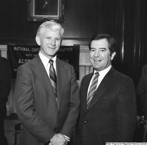 ["West Virginia University President Neil S. Bucklew and Congressman Nick Rahall stand for a photograph at a WVU Alumni Association event in Washington."]%