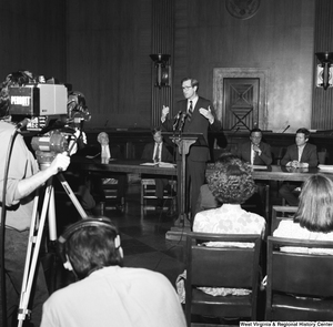 ["Senator John D. (Jay) Rockefeller speaks at a Veterans' Affairs Committee press event."]%