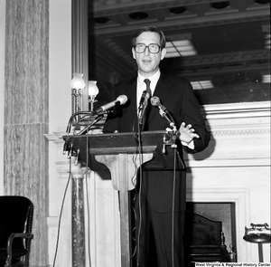 ["Senator John D. (Jay) Rockefeller speaks at a press event in a Senate building."]%