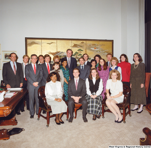 ["In this color photograph, Senator John D. (Jay) Rockefeller stands with a large group of visitors in his office."]%