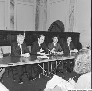 ["Senator John D. (Jay) Rockefeller speaks during a press event at the Senate."]%