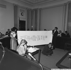 ["Two unidentified staffers hold a large flowchart during a Senate confirmation hearing."]%