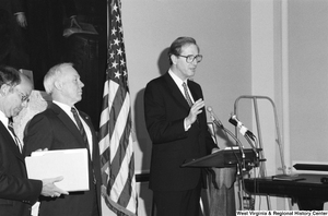 ["Senator John D. (Jay) Rockefeller speaks at a press event."]%