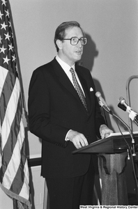 ["Senator John D. (Jay) Rockefeller speaks at a press event."]%