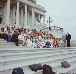 ["Senator John D. (Jay) Rockefeller stands next to a student group on the steps of the Senate."]%