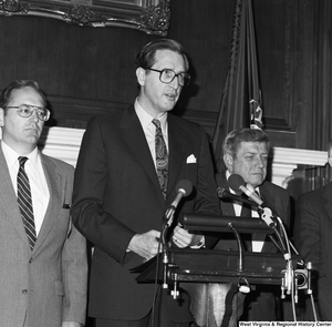 ["Senator John D. (Jay) Rockefeller speaks at a press event with the Coalition for a Competitive America."]%