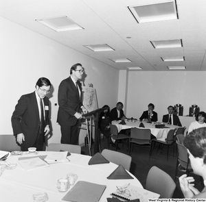 ["Senator John D. (Jay) Rockefeller speaks at an Appalachian Regional Commission event at with a map of the Eastern United States beside him."]%