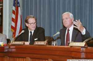 ["Senator Ernest Hollings gestures with his hand as he speaks during a Commerce Committee hearing."]%