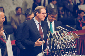 ["Senator John D. (Jay) Rockefeller speaks during a press event for the Pepper Commission."]%