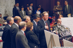 ["Senator John D. (Jay) Rockefeller speaks during a press conference for the Pepper Commission."]%