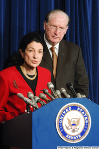 ["Senator Olympia Snow speaks at a Senate press release."]%