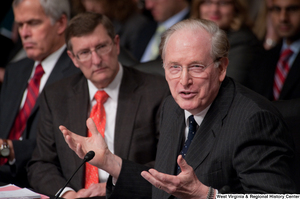 ["Senator John D. (Jay) Rockefeller gestures during a Finance Committee hearing."]%