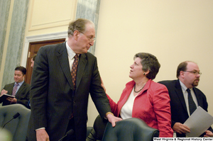 ["Senator John D. (Jay) Rockefeller speaks with Secretary of Homeland Security Janet Napolitano before a Commerce Committee hearing."]%