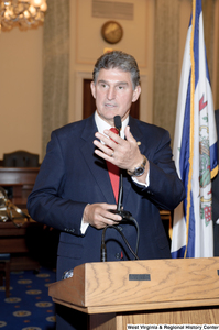 ["Senator Joe Manchin speaks during his swearing-in ceremony."]%