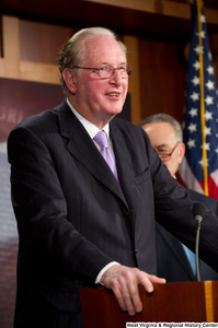 ["Senator John D. (Jay) Rockefeller speaks at a press event for the Commerce Committee."]%