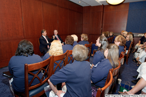 ["Senators John D. (Jay) Rockefeller and Joe Manchin speak to a room of women."]%