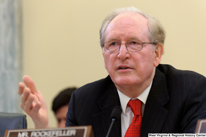 ["Senator John D. (Jay) Rockefeller gestures at a Commerce Committee hearing."]%