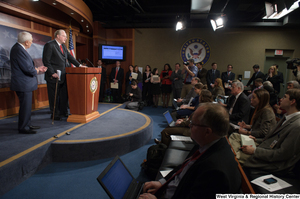 ["Senator John D. (Jay) Rockefeller speaks to a room full of press."]%