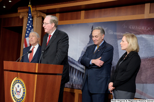 ["Senator John D. (Jay) Rockefeller speaks to the press at an event for the Senate."]%