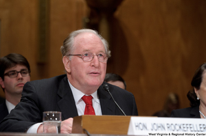 ["Senator John D. (Jay) Rockefeller speaks at a Homeland Security hearing."]%