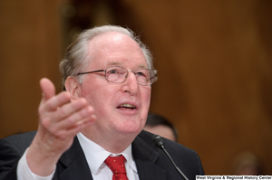 ["Senator John D. (Jay) Rockefeller gestures as he speaks at a Homeland Security hearing."]%