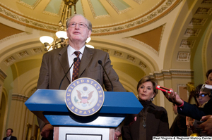 ["Senator John D. (Jay) Rockefeller speaks at a Commerce Committee press event in the Senate."]%