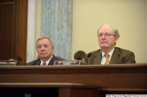 ["Senators John D. (Jay) Rockefeller and Richard Durbin sit next to one another at a Commerce Committee hearing."]%