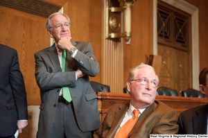 ["Senators John D. (Jay) Rockefeller and Tom Harkin attend a Stand Up for Medicaid event."]%