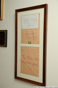 ["Framed letters from children hang in Senator John D. (Jay) Rockefeller's office."]%