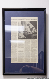 ["A framed article about Senator Rockefeller and his health care advocacy hangs in his office."]%