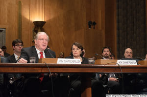 ["Senators John D. (Jay) Rockefeller and Dianne Feinstein at a Homeland Security hearing."]%