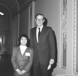 ["Senator John D. (Jay) Rockefeller stands with a participant of the Presidential School for Young Americans. This program aims to give motivated young people hands-on experiential civic-learning experiences in Washington."]%