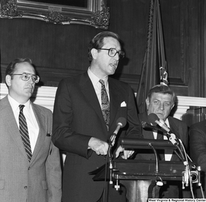 ["Senator John D. (Jay) Rockefeller speaks at a press event with the Coalition for a Competitive America."]%