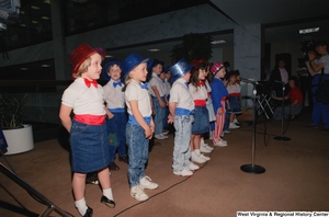 ["A group of kindergartners from Wayne County, West Virginia sing a song in the Hart Building."]%
