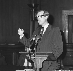["This close-up image shows Senator John D. (Jay) Rockefeller speaking at a press event for the Veterans Affairs Committee."]%