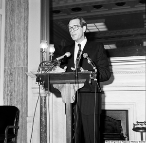 ["Senator John D. (Jay) Rockefeller speaks at a press event in a Senate building."]%