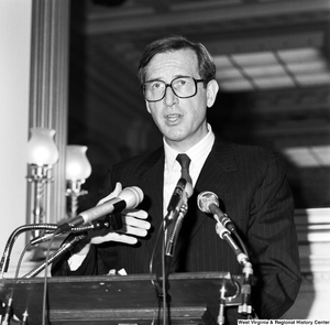 ["Close up of Senator John D. (Jay) Rockefeller speaking at a press event in a Senate building."]%