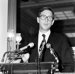["Close up of Senator John D. (Jay) Rockefeller speaking at a press event in a Senate office building."]%